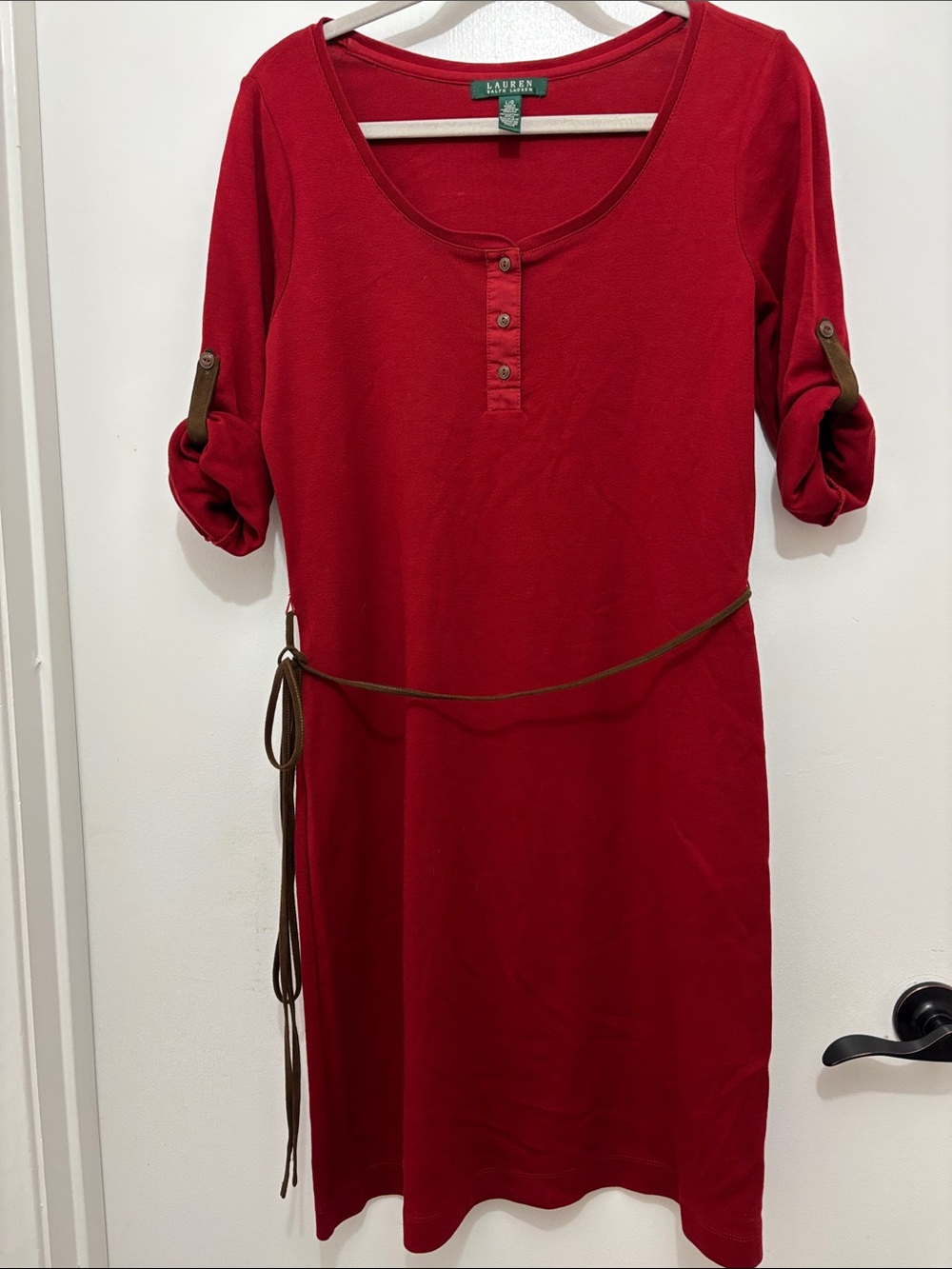Ralph Lauren Red Henley Midi Dress with Brown Tie Belt Sz L